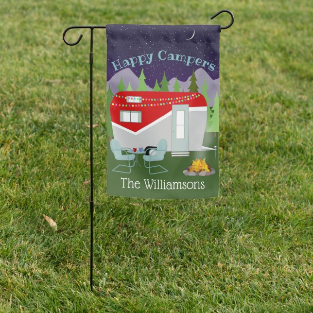 Red Happy Camper Personalized Garden Flag (In SItu)