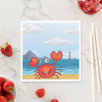 Red Happy Crab On A Beach Napkins by spudcreative at Zazzle