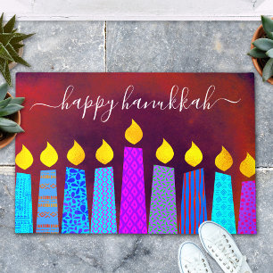 Red Happy Hanukkah Script Boho Candles Bold Modern Doormat