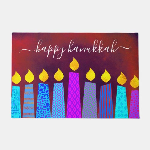 Red Happy Hanukkah Script Boho Candles Bold Modern Doormat