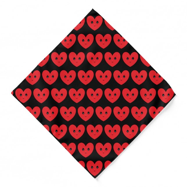 Red Happy Heart Pattern on Black Bandana (Front)