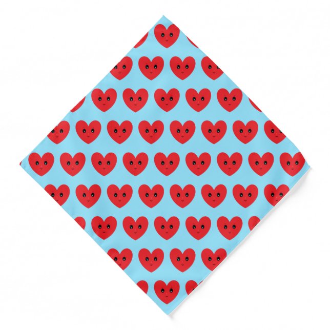 Red Happy Heart Pattern on Light Blue Bandana (Front)