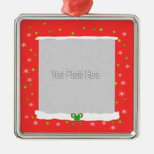Red Happy Holiday Snowflakes (photo frame) Metal Ornament