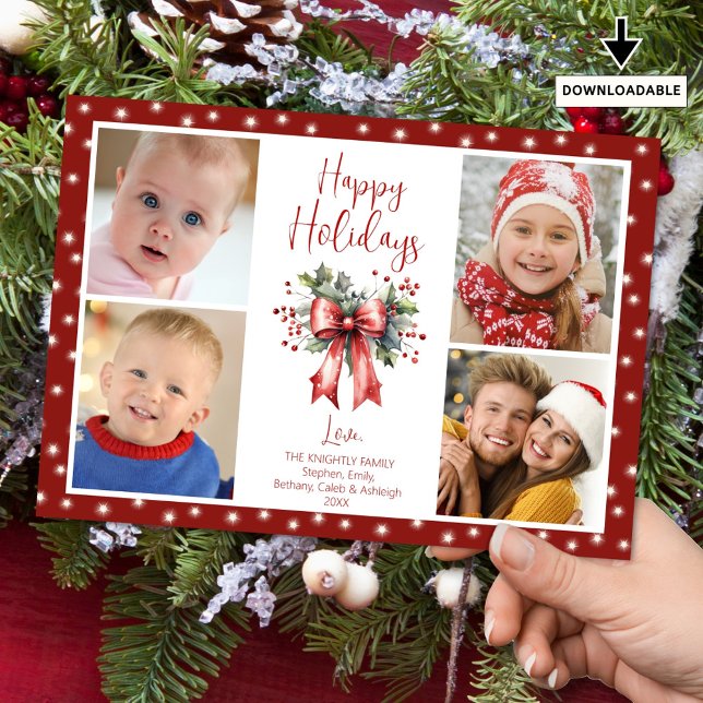 Red Happy Holidays 4 Photo Script Bow Lights Holiday Card (Creator Uploaded)