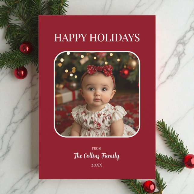 Red Happy Holidays Baby Photo Minimalist Christmas Holiday Card (Red Happy Holidays Baby Photo Minimalist Christmas Holiday Card)