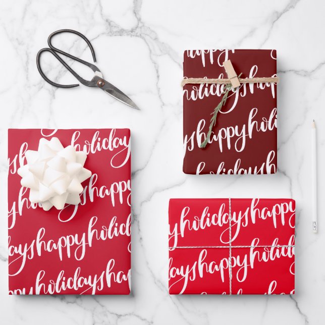 red happy holidays festive script fun wrapping paper sheets (Front)