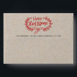 Red Happy Holidays Kraft Script 5x7 Return Address Envelope<br><div class="desc">This rustic modern brush script Happy Holidays design in red on printed Kraft paper texture is perfect for your season's greetings. Personalize with your custom preprinted return address,  and easily change  (or delete) the message on the front which now reads "kindly deliver to".</div>