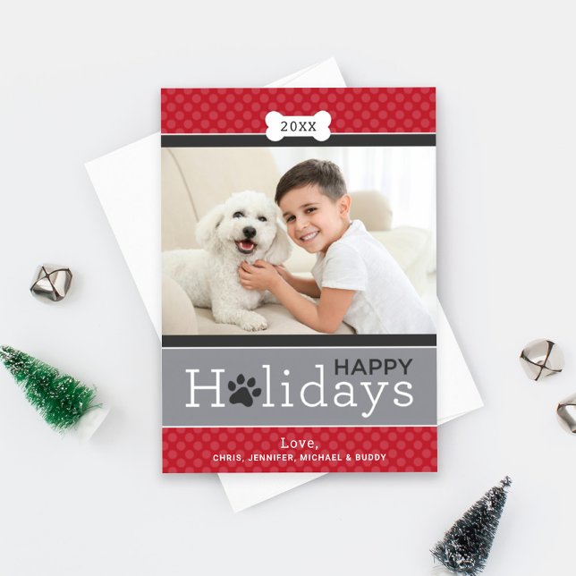 Red Happy Holidays Photo Dog Paw Print Holiday Card (Creator Uploaded)