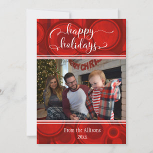 Red Happy Holidays Photo w/ Circles & Stripes Holiday Card