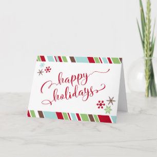Red Happy Holidays, Snowflakes & Diagonal Stripes Holiday Card