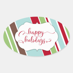 Red Happy Holidays Typography w/ Diagonal Stripes Oval Sticker