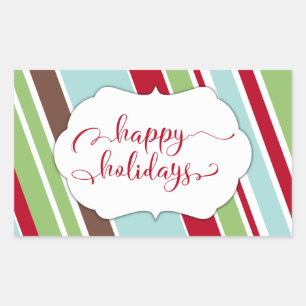 Red Happy Holidays Typography w/ Diagonal Stripes Rectangular Sticker