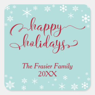 Red Happy Holidays w/ White Snowflakes on Blue Square Sticker