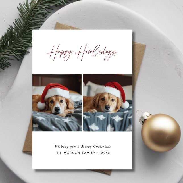 Red Happy Howlidays Christmas Greetings Dog Photo Holiday Card (Creator Uploaded)