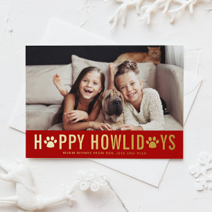 Red Happy Howlidays Modern Typography Dog Photo Foil Holiday Card