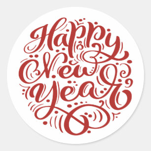 Red Happy New Year Modern Calligraphy Classic Round Sticker