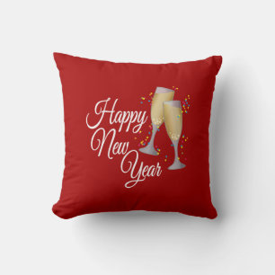 Red Happy New Year with Champagne & Confetti Throw Pillow