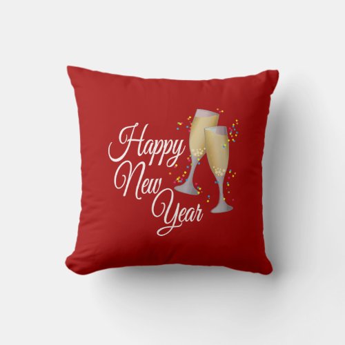 Red Happy New Year with Champagne  Confetti Throw Pillow
