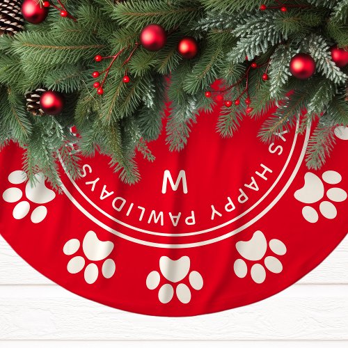 Red Happy Pawlidays Paw Print Pet Christmas Brushed Polyester Tree Skirt