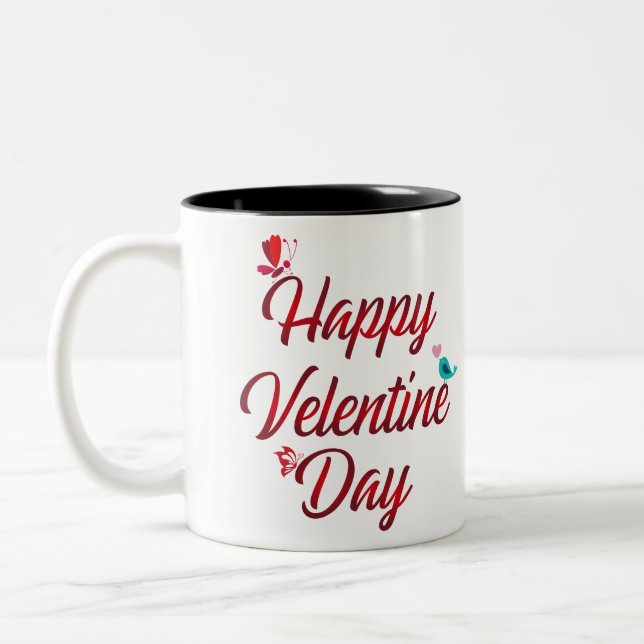 Red Happy Valentines Day Two-Tone Coffee Mug (Left)
