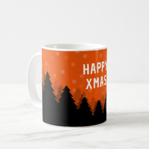 Red Happy Xmas mug with forest, trees and snow