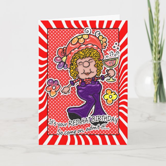 Red Hat Birthday Card - Fun Lady With A Glass Of W (Front)