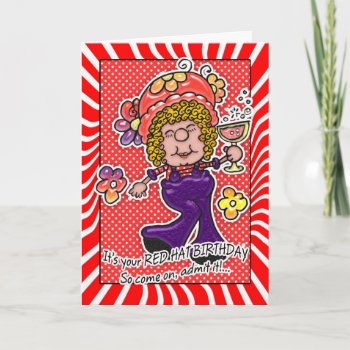 Red Hat Birthday Card - Fun Lady With A Glass Of W by moonlake at Zazzle