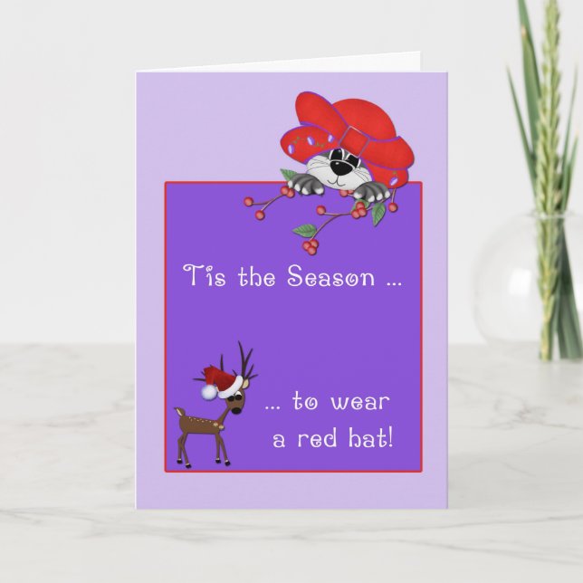 Red Hat Cat, Reindeer, Purple Christmas Greeting Holiday Card (Front)