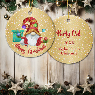 Red Hat Juggling Gnome Gold Star Background Ceramic Ornament