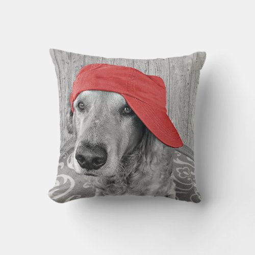 red hat on golden retriever throw pillow