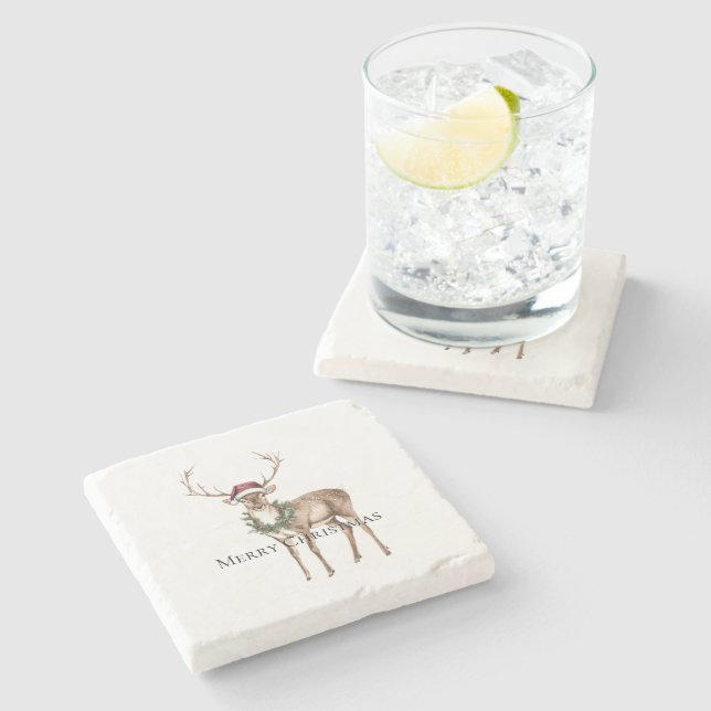 Red Hat Reindeer Christmas Stone Coaster (Side)