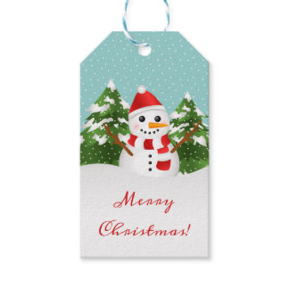 Red Hat Snowman Fir Tree Winter Forest Christmas Gift Tags