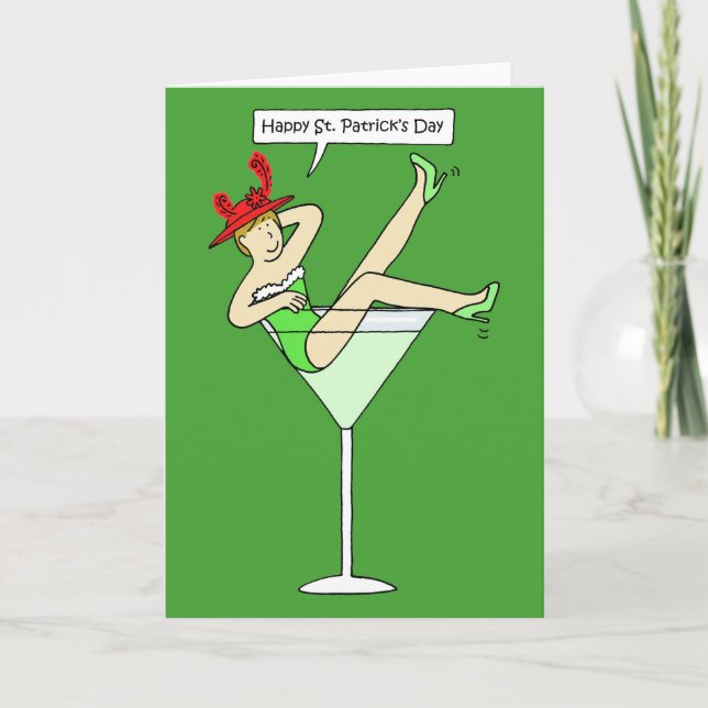 Red Hat St Patrick's Day Cartoon Lady Card (Front)