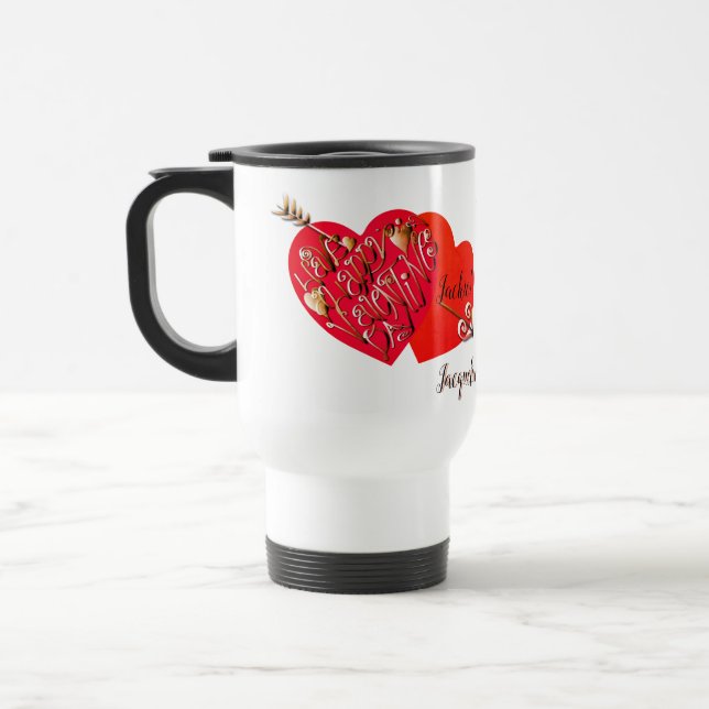 Red "Have a Happy Valentine's Day" Hearts &Arrows Travel Mug (Left)