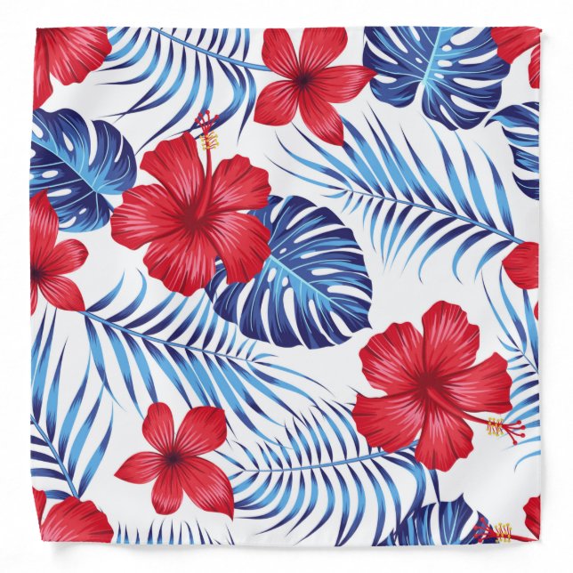 Red Hawaii Flowers and Blue Monsteras Bandana (Front)