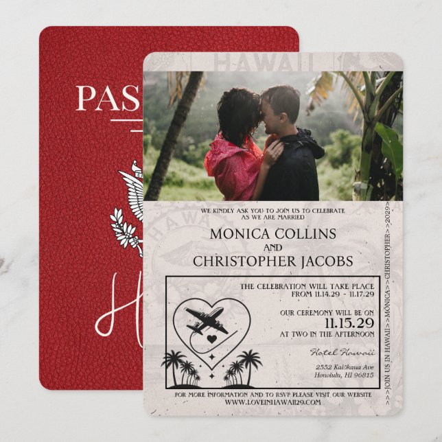 Red Hawaii Passport Wedding Invitation (Front/Back)