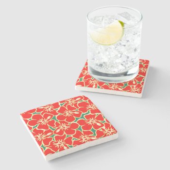 Red Hawaiian Flowers Pattern Stone Coaster by machomedesigns at Zazzle