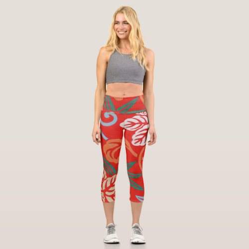 Red Hawaiian Japanese Kimono Capri Leggings