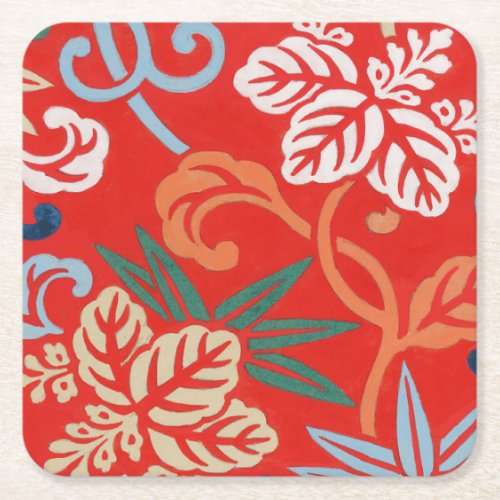 Red Hawaiian Japanese Kimono Square Paper Coaster