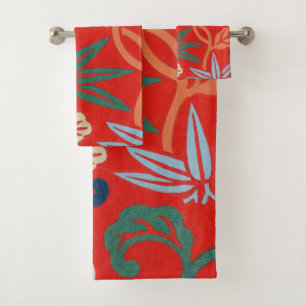 Red Hawaiian Japanese Kimono: Vintage Floral Bath Towel Set