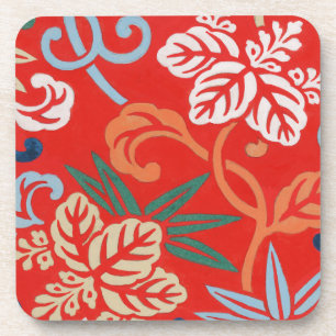 Red Hawaiian Japanese Kimono: Vintage Floral Beverage Coaster