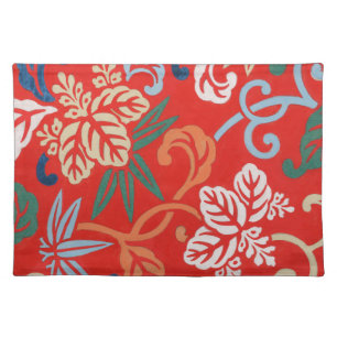 Red Hawaiian Japanese Kimono: Vintage Floral Cloth Placemat