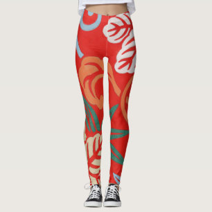 Red Hawaiian Japanese Kimono: Vintage Floral Leggings