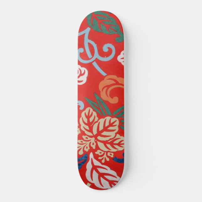 Red Hawaiian Japanese Kimono: Vintage Floral Skateboard (Front)
