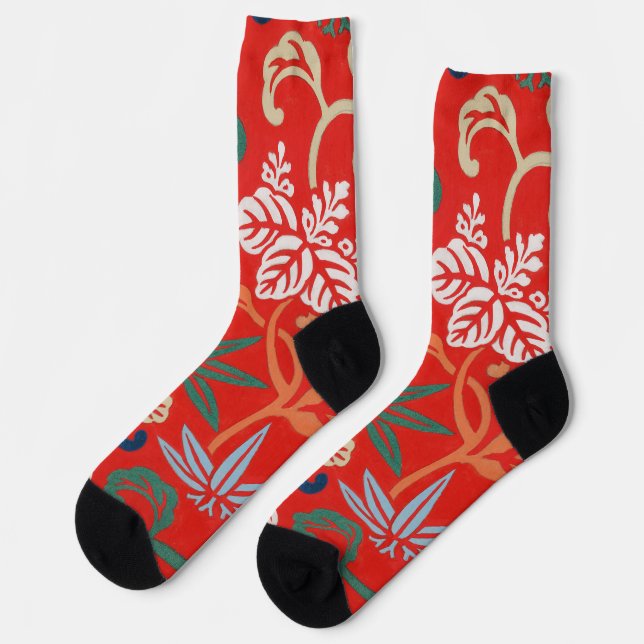 Red Hawaiian Japanese Kimono: Vintage Floral Socks (Left)