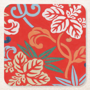 Red Hawaiian Japanese Kimono: Vintage Floral Square Paper Coaster
