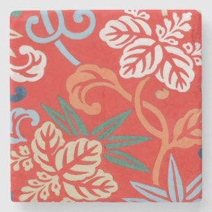 Red Hawaiian Japanese Kimono: Vintage Floral Stone Coaster