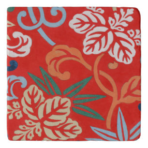 Red Hawaiian Japanese Kimono: Vintage Floral Trivet