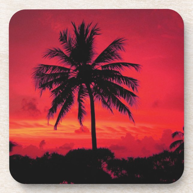 Red Hawaiian Sunset Exotic Palm Trees Beverage Coaster (Front)