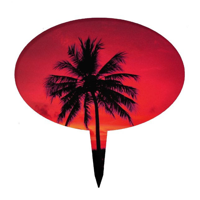 Red Hawaiian Sunset Exotic Palm Trees Cake Topper (Front)